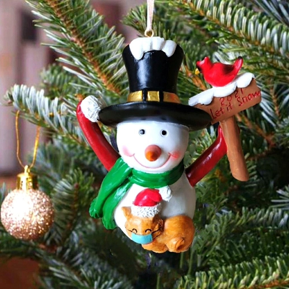 2021 Snowman Cardinal, Cat with Face Mask Christmas Ornament